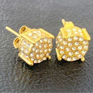 14k Gold Plated Cube CZ Earrings – Iced Out 3D Design